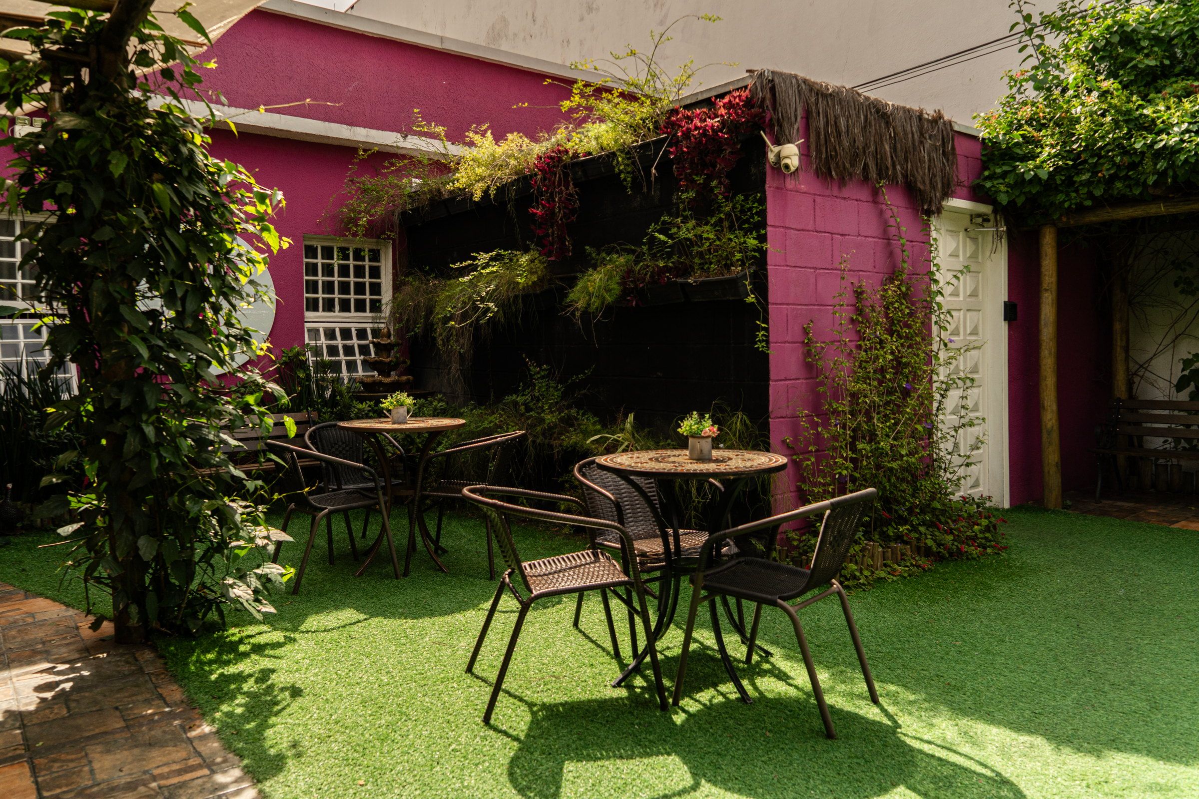 Jardim da La Vie com mesas e cadeiras sobre a grama, diante da parede magenta coberta de plantas