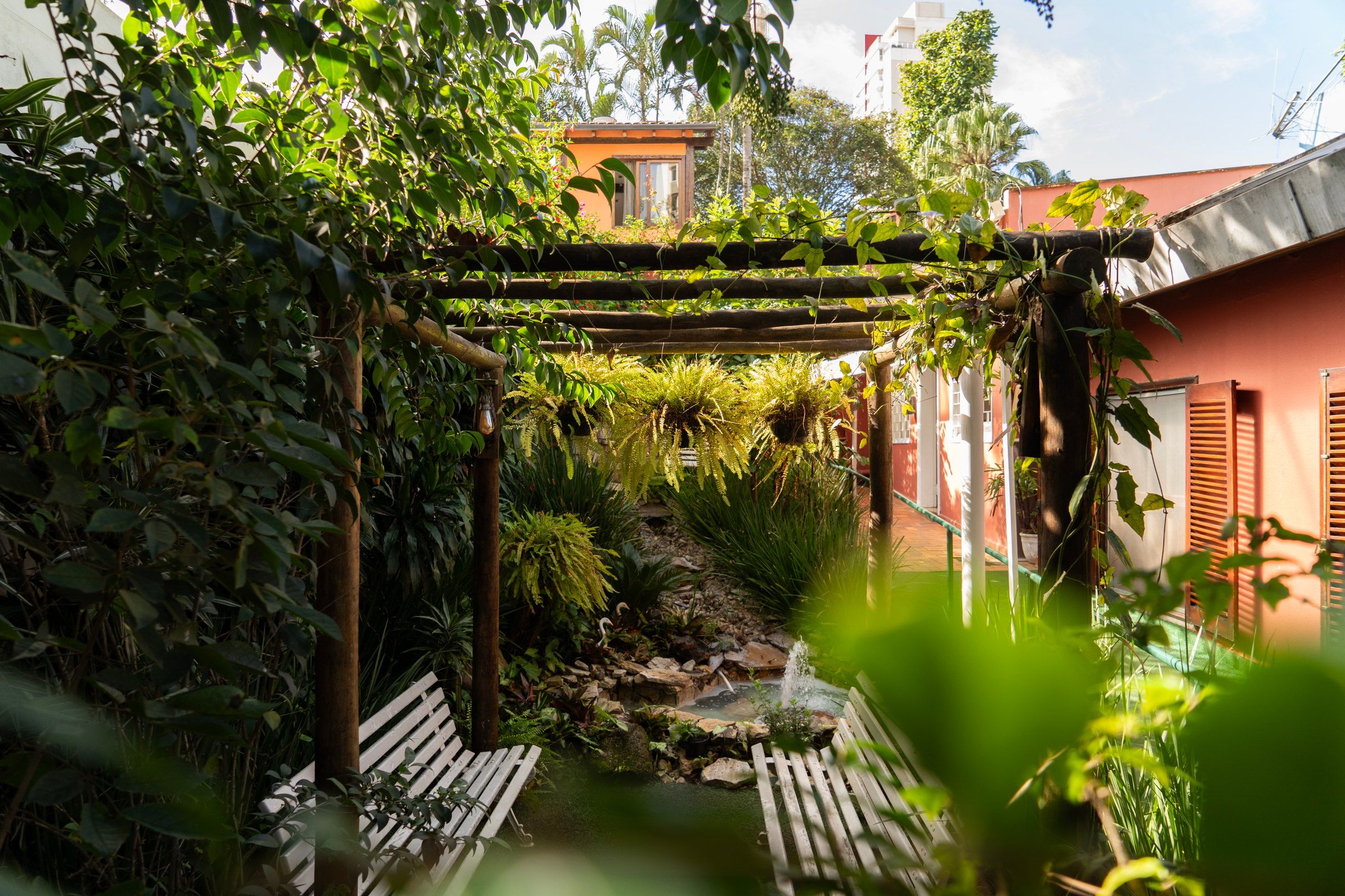 Pergolado coberto de plantas sobre bancos brancos no jardim da Tsuru, com a casa terracota ao fundo
